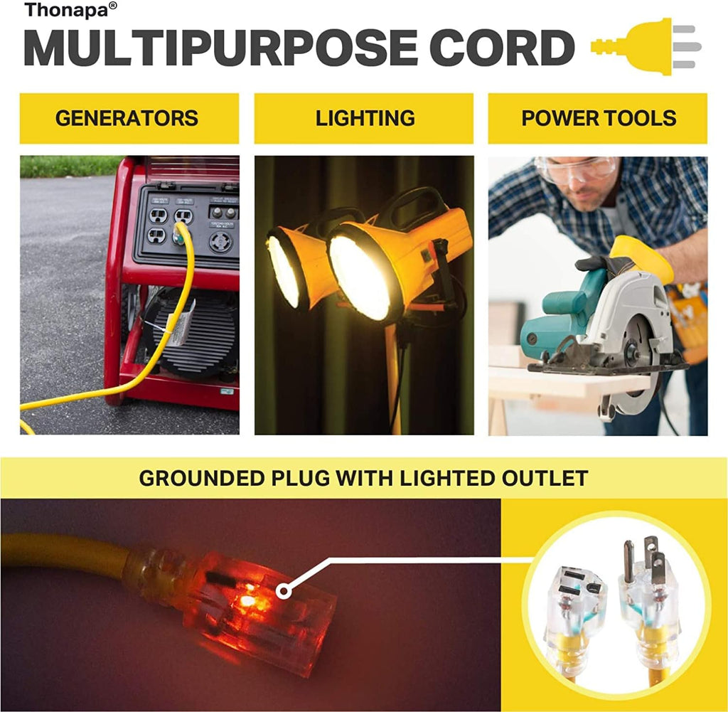 14/3 Heavy Duty Lighted Outdoor Extension Cord Yellow 3 Prong Grounded Plug 100 Ft SJTW Z7820