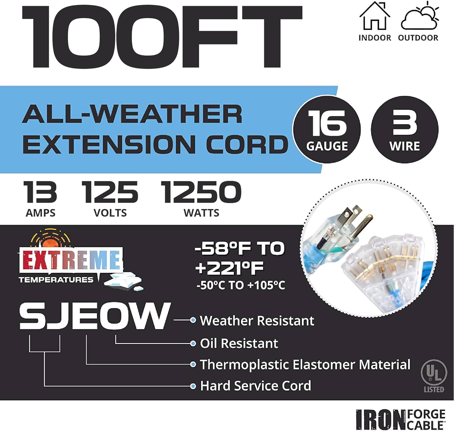 100 Ft All Weather Extension Cord with 3 Electrical Power Outlets, 16/3 SJEOW Lighted Outdoor Cable P423