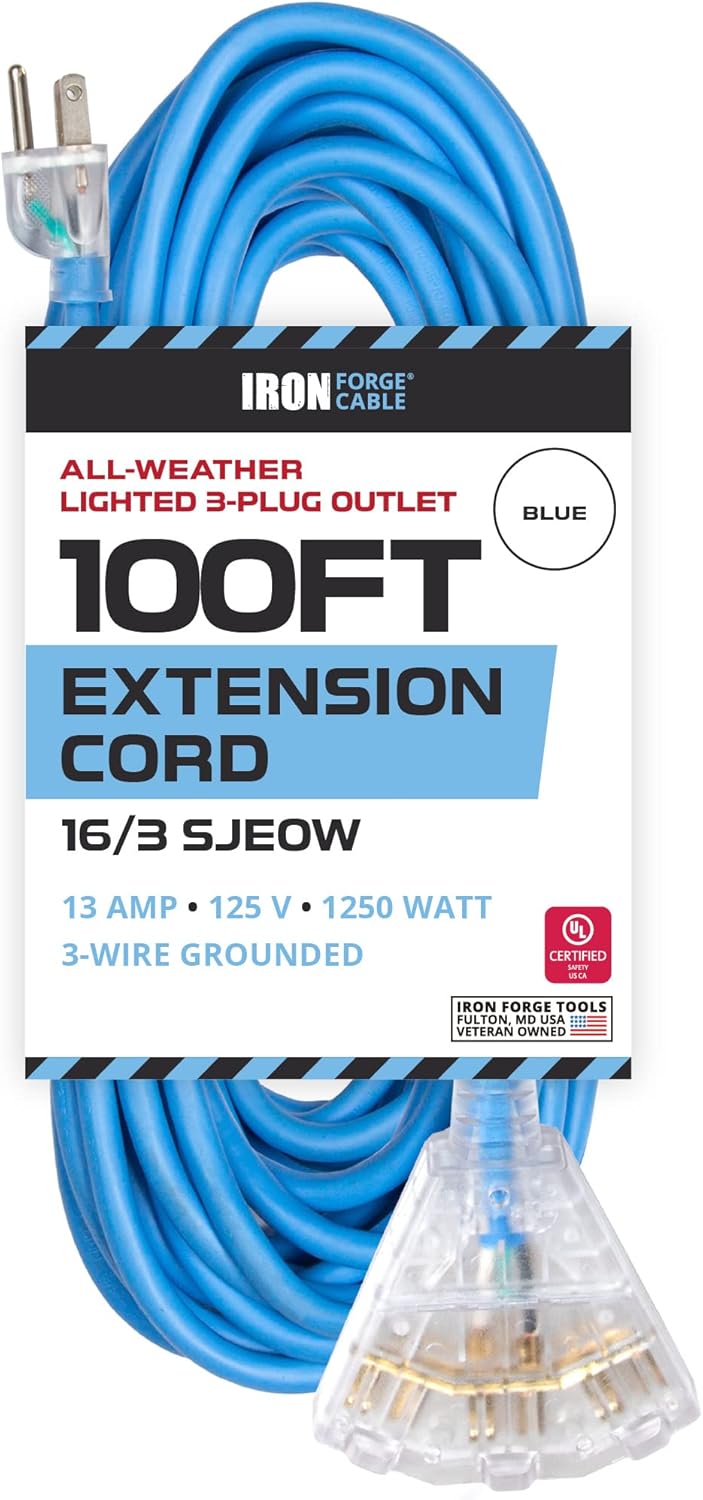 100 Ft All Weather Extension Cord with 3 Electrical Power Outlets, 16/3 SJEOW Lighted Outdoor Cable P423