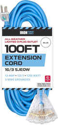100 Ft All Weather Extension Cord with 3 Electrical Power Outlets, 16/3 SJEOW Lighted Outdoor Cable P423