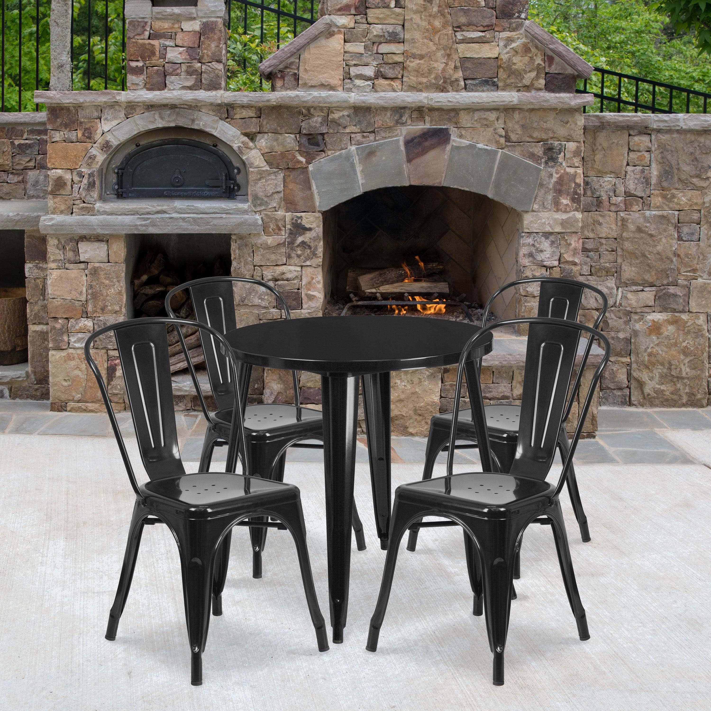 Black Round Metal Table Set with 4 Cafe Chairs D84420