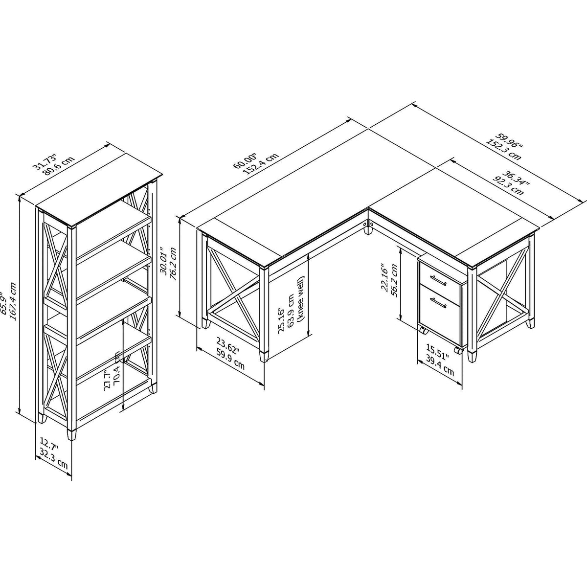 60-Inch L-Desk with File Cabinet and Bookcase W540
