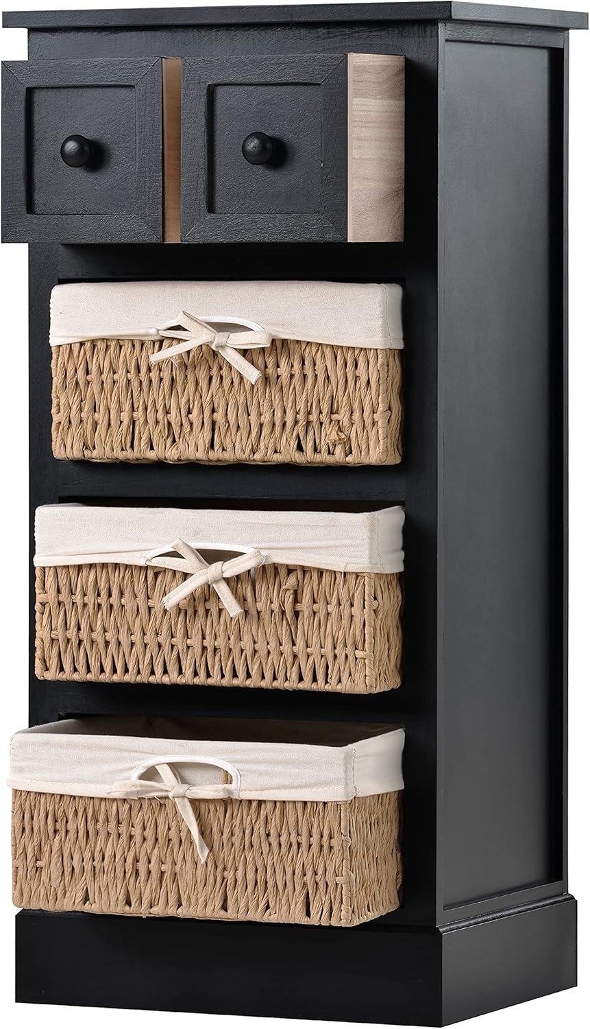 Antique White Wicker 2-Drawer Storage Cabinet with 3 Baskets Q33139