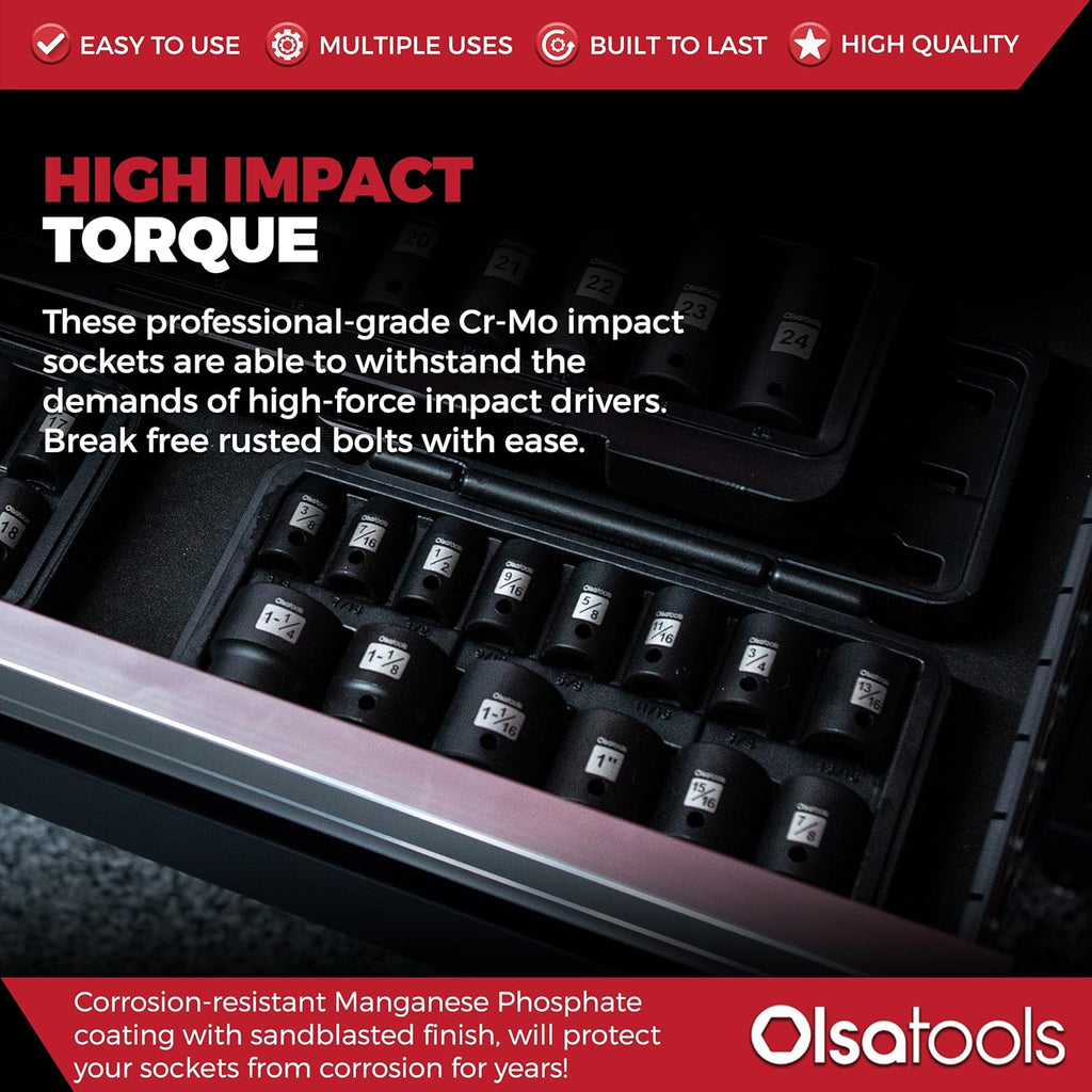 1/2 Drive Cr-Mo Shallow Impact Socket Set, 6-Point SAE, 14pc 3/8 to 1-1/4, Chromium Molybdenum, Premium Storage Case G448119