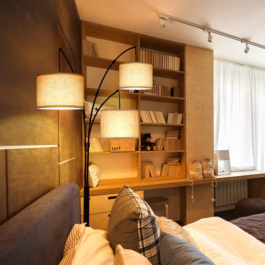Black Arc Floor Lamp with Linen Lamp Shade L426804