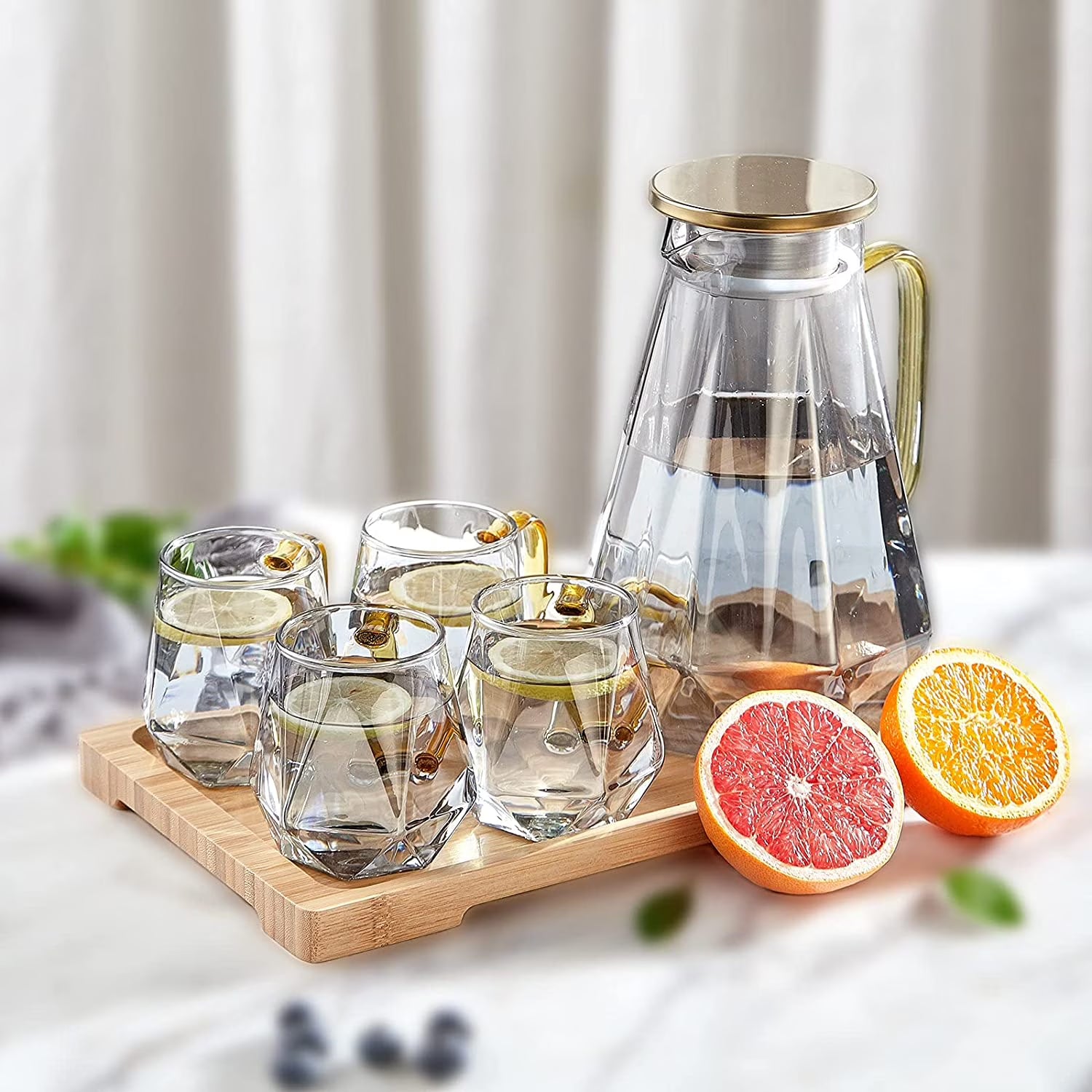 Black Diamond Glass Pitcher with 4 Cups, 1 Tray A36454