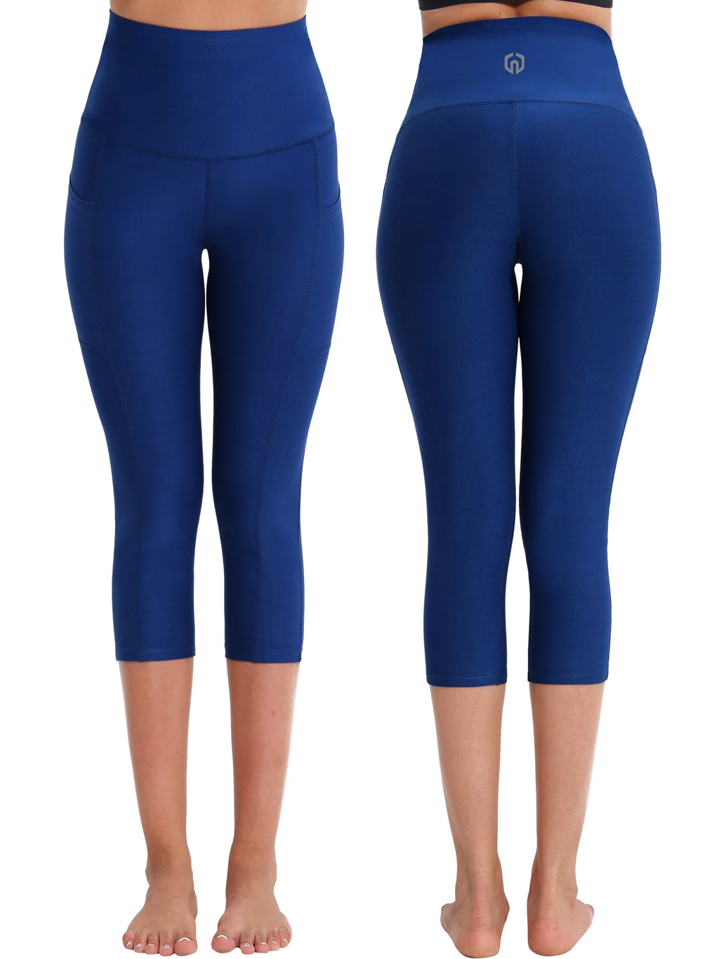 Black Blue High Waist Stretch Capri Leggings with Pockets P988968